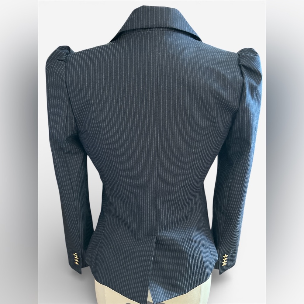 Express Blue & White Fitted Pinstripe Blazer w/pouf shoulders gold button Size 6 - Picture 4 of 13